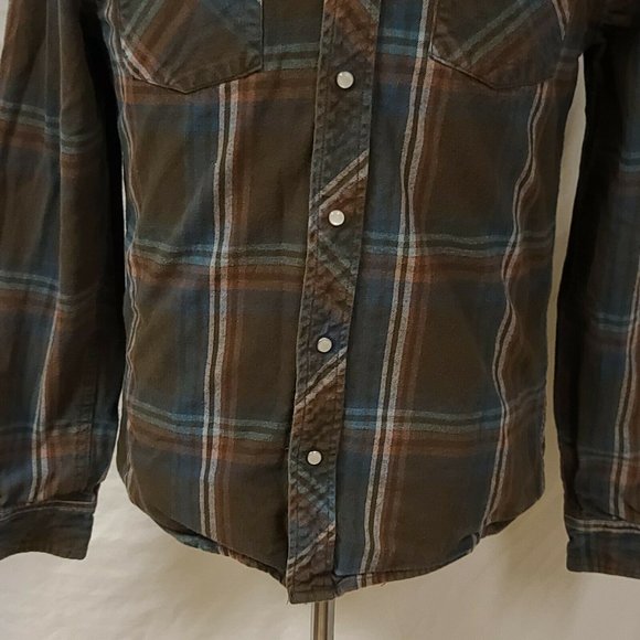Route 66 Mens Large Brown Blue Stripe Flannel Pearl Snap Western Shirt - Picture 3 of 10